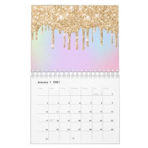 Calendario Colores de Arcoíris de Unicornio Brillantes Dorado
