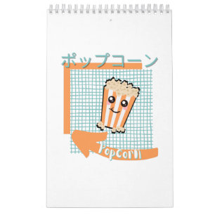 Calendario comida kawaii- lindo palomitas, naranja, turquesa