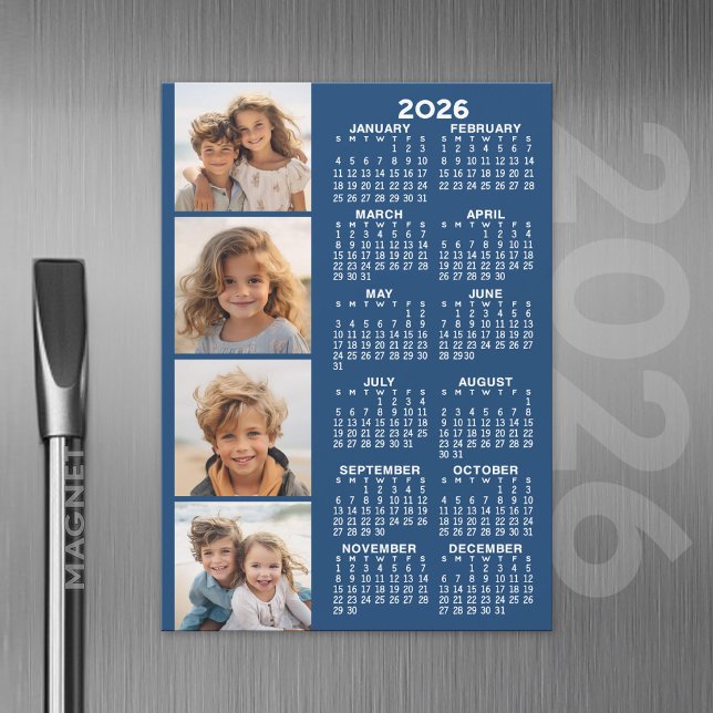 Calendario con 4 tarjetas magnéticas de Collage de (2026 Calendar with A Photo and Magnetic Back)