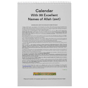 Calendario con 99 nombres de Alá (swt) - dios