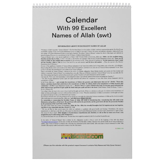 Calendario con 99 nombres de Alá (swt) - dios (Tapa)