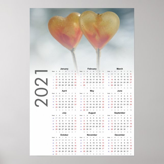 Calendario Corazones Póster 2021 - domingo primero (Frente)