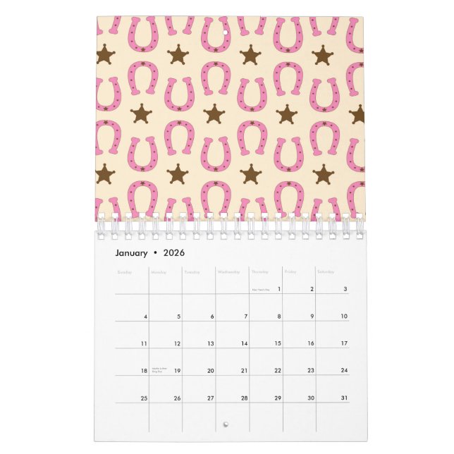 Calendario Cowgirl Pink Horseshoe Sheriff Star Country Texas (Jan 2026)