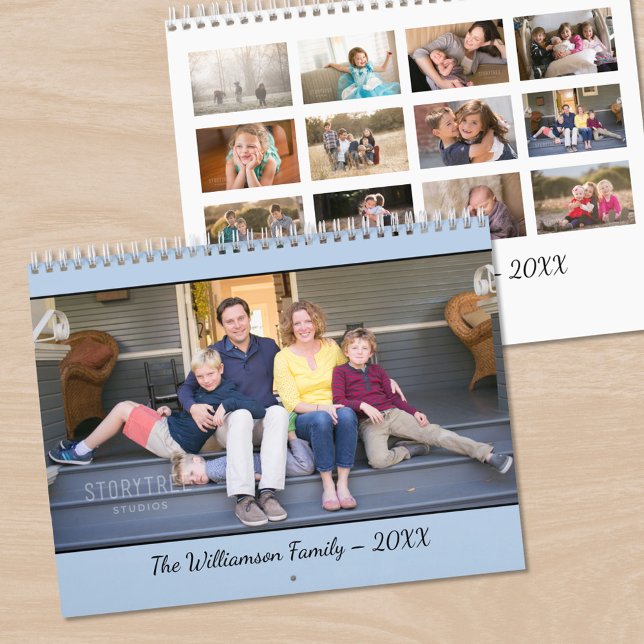 Calendario Crea Tu Propia Foto de Portada Azul Claro Moderna (Create Your Own Modern Light Blue Cover Photo Calendar, front/back)