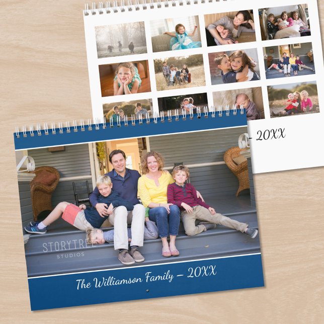 Calendario Crea Tu Propia Foto de Portada Azul Moderna (Create Your Own Modern Blue Cover Photo Calendar, front/back)