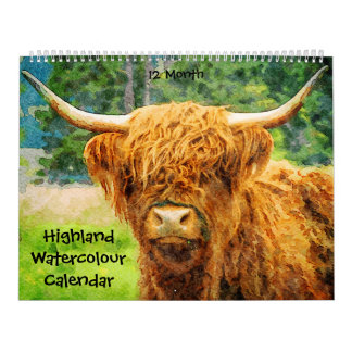 Calendario Cuadros de acuarela de vaca de 12 meses en Highlan