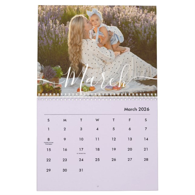 Calendario Custom Family Photo | Personalized Soft Lavender (Mar 2026)