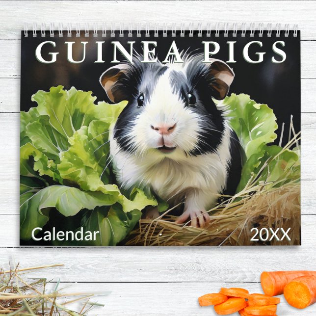 Calendario Cute Guinea Cerdos Animales Amantes Acuarela Mensu (A wall calendar with a guinea pig illustration for each month in a watercolor style)