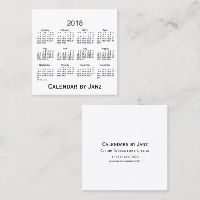 Calendario de 2018 blancos por la tarjeta de (Anverso / Reverso)