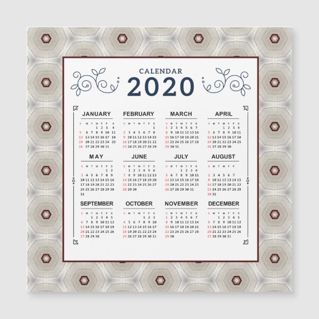 Calendario de 2020 Años Imán del patrón blanco roj (Anverso)