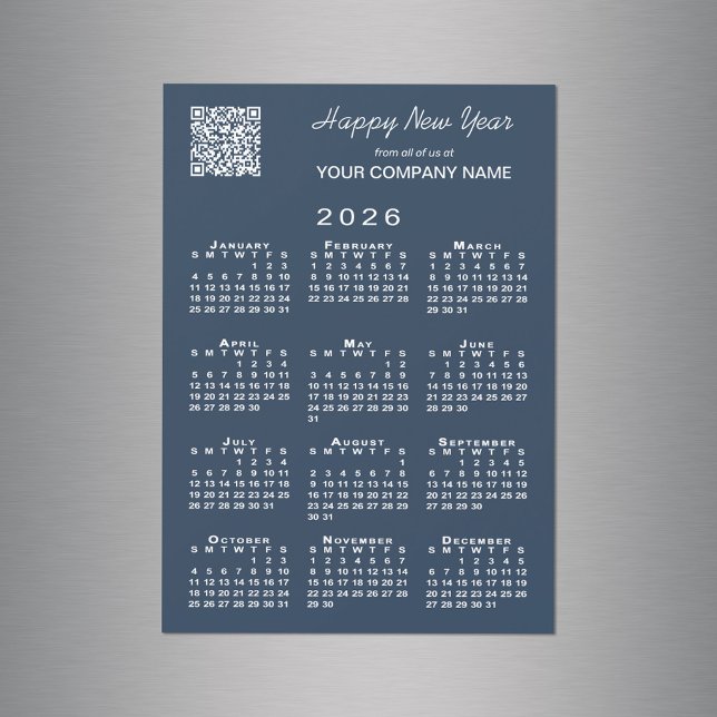 Calendario de 2026 Material de vacaciones de la ma (2026 Calendar Business QR Code Navy Holiday Magnet in situ)