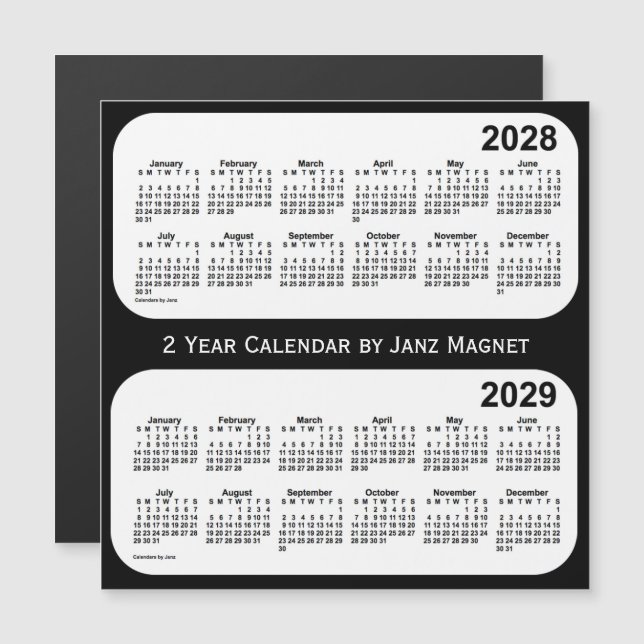 Calendario de 2 años negro y blanco 2028-2029 de J (Anverso/Reverso)