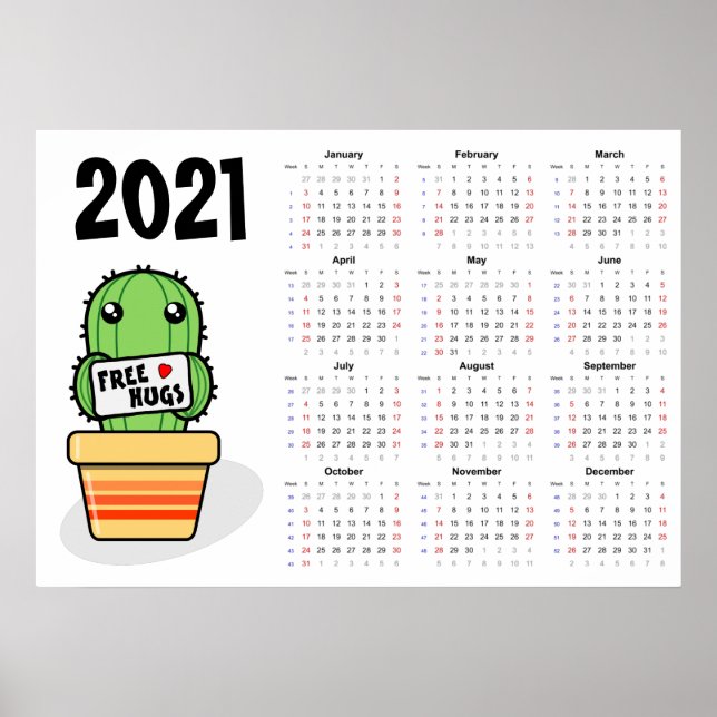 Calendario de abrazos gratis Póster 2021 - inicio  (Frente)