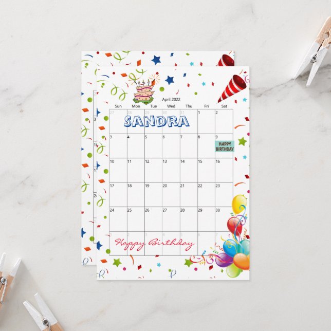 Calendario de Abril de 2022 Invitación feliz cumpl (Anverso/Reverso In Situ)