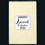 Calendario de Animales Cutos Personalizados 2017 p<br><div class="desc">Este calendario del chica 2017 incluye 12 lindos animales, uno por cada mes calendario. La portada frontal tiene un lindo conejo y un patrón de corazones sobre un fondo amarillo pálido y un área de texto blanco con un tipo de letra de estilo de pepinillo de pezuña llamado Portabello. Puede...</div>