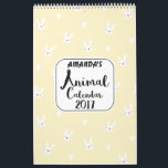 Calendario de Animales Cutos Personalizados 2017 p<br><div class="desc">Este calendario del chica 2017 incluye 12 lindos animales, uno por cada mes calendario. La portada frontal tiene un lindo conejo y un patrón de corazones sobre un fondo amarillo pálido y un área de texto blanco con un tipo de letra de estilo de pepinillo de pezuña llamado Portabello. Puede...</div>