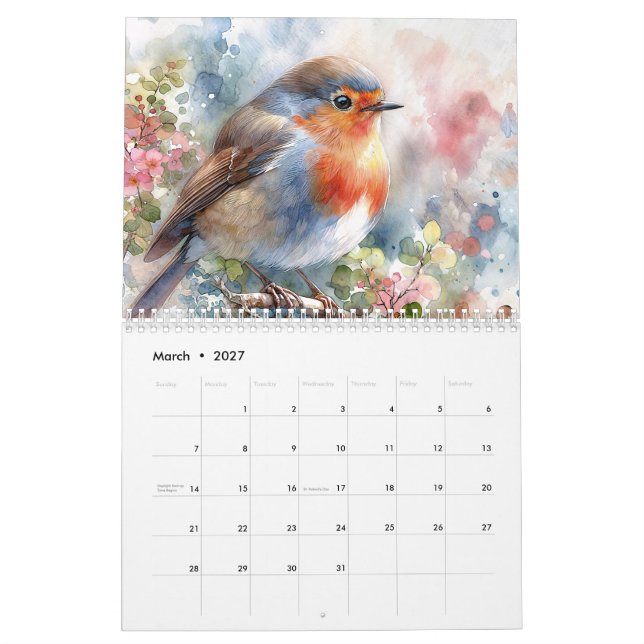 Calendario de arte de acuarela para aves (Mar 2027)