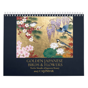 Calendario de Arte Dorado de Aves y Flores Japones