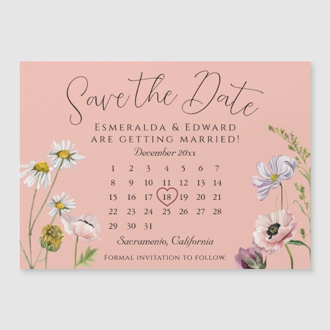 Calendario de Boda de flores rosadas Pastel Guarda (Anverso)