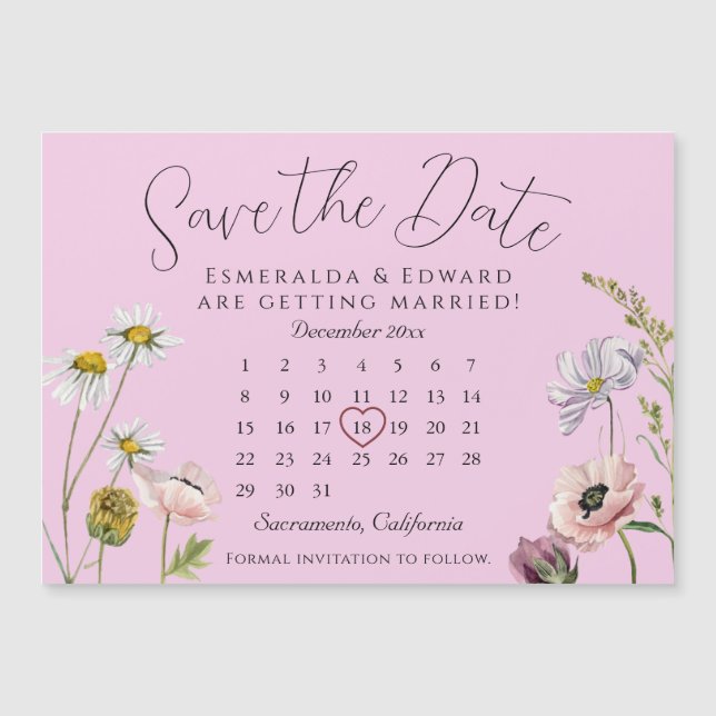 Calendario de Bodas de flores púrpuras pálidas Gua (Anverso)