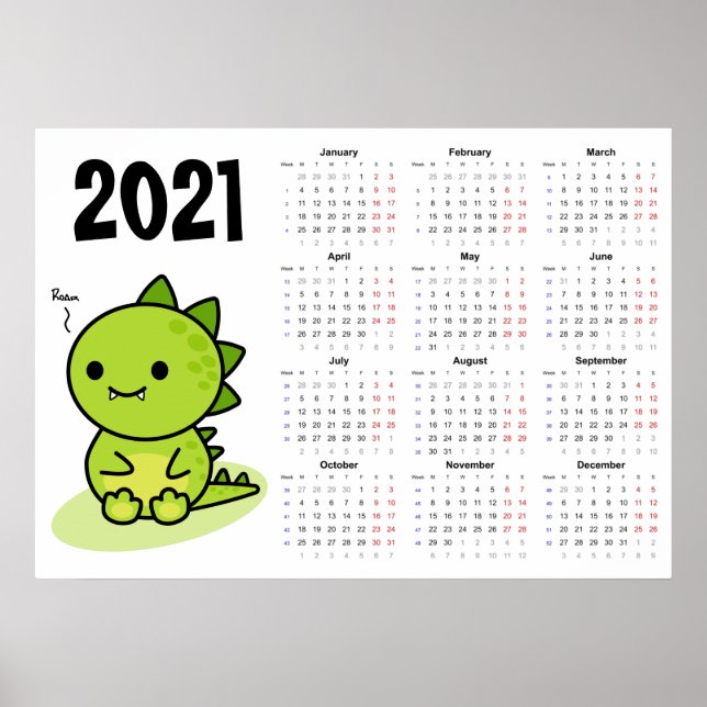 Calendario de dragón bebé 2021 Póster - inicio lun (Frente)