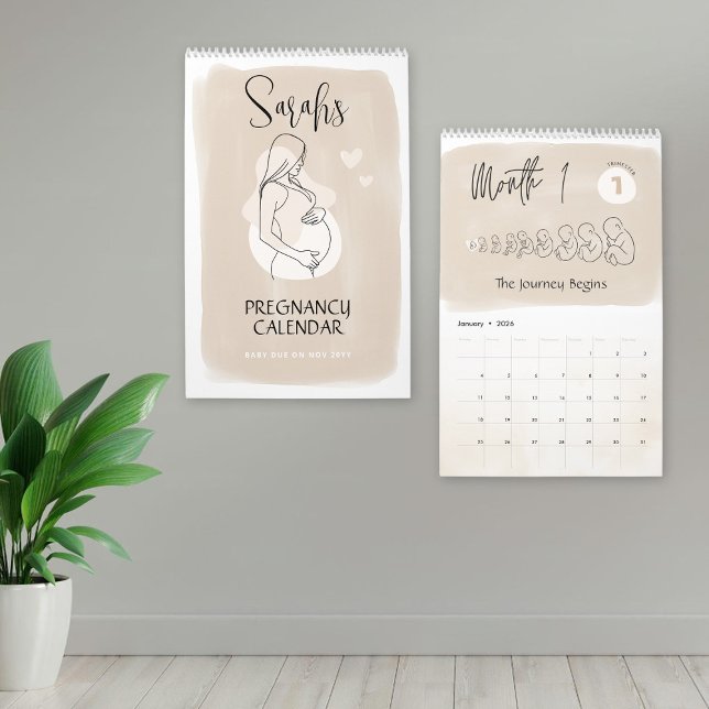 Calendario de Embarazo Personalizado, 9 Meses de M (Custom Pregnancy Calendar, Minimalist Beige Neutral Calendar 9 Months Maternity Calendar Keepsake)