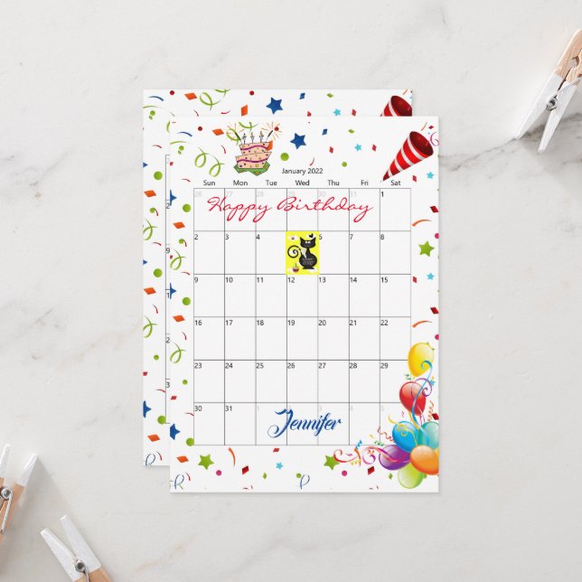 Calendario de Enero de 2022 Invitación feliz cumpl (Anverso/Reverso In Situ)