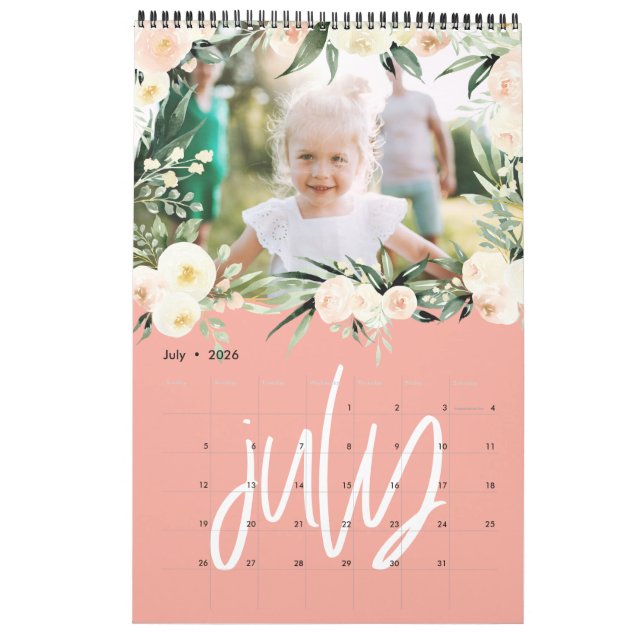 Calendario de escritura de fotos florales de acuar (Jul 2026)