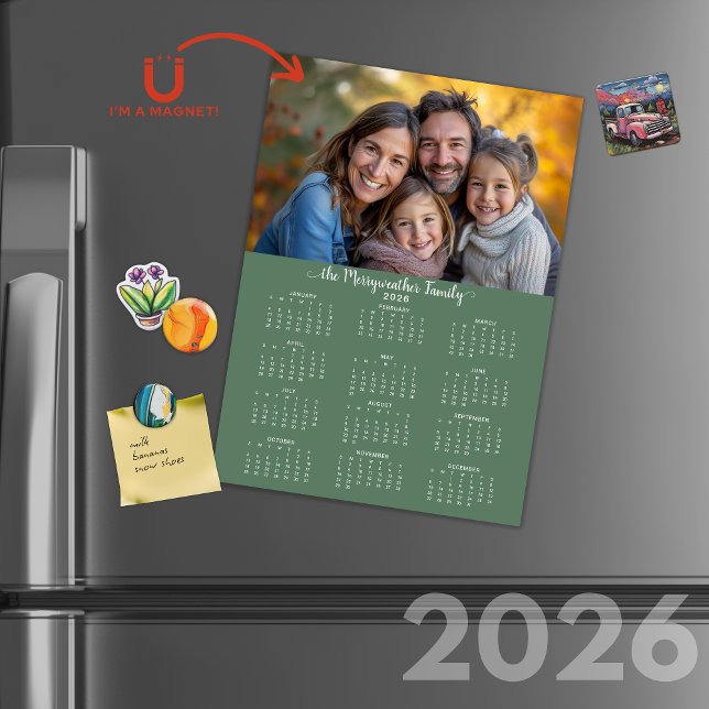 Calendario de fotos de vacaciones ecológicas 2026  (2026 Simple Modern Green Holiday Photo Calendar Cards with Envelopes)