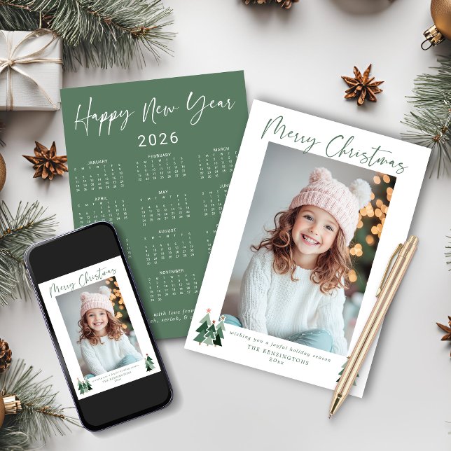 Calendario de fotos del árbol de navidad verde de  (2026 Cute Sage Green Christmas Tree Photo Calendar Holiday Cards with Instant Download)