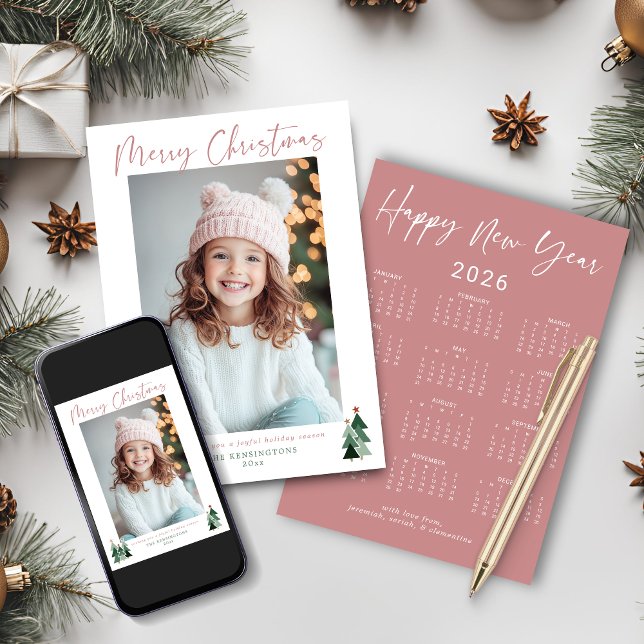 Calendario de fotos del árbol de Navidad verde de  (2026 Cute Pink Green Christmas Tree Photo Calendar Holiday Cards)