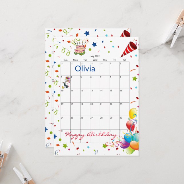 Calendario de Julio de 2022 Invitación feliz cumpl (Anverso/Reverso In Situ)
