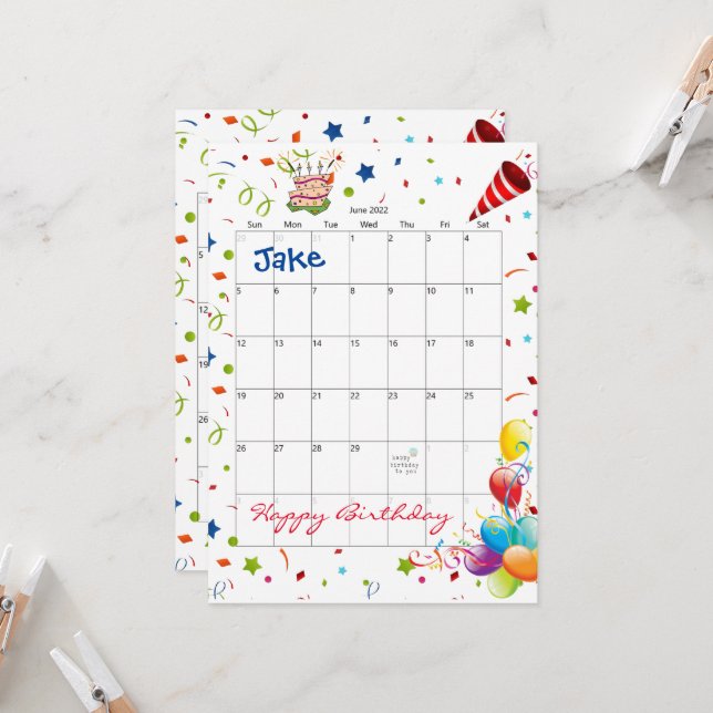 Calendario de Junio de 2022 Invitación feliz cumpl (Anverso/Reverso In Situ)