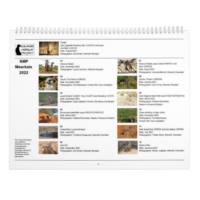 Calendario de KMP Meerkats 2022 (Reverso)