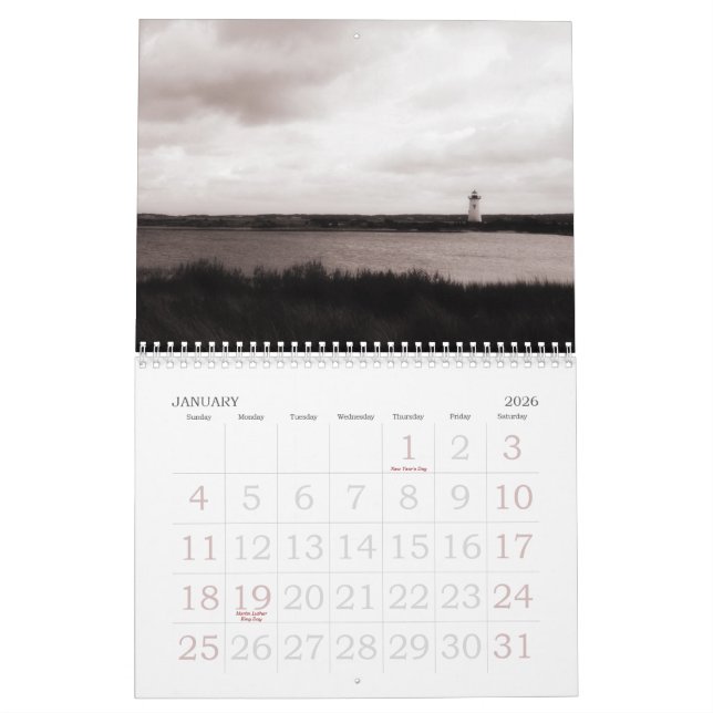 Calendario de la foto de la isla B&W del Martha's (Jan 2026)