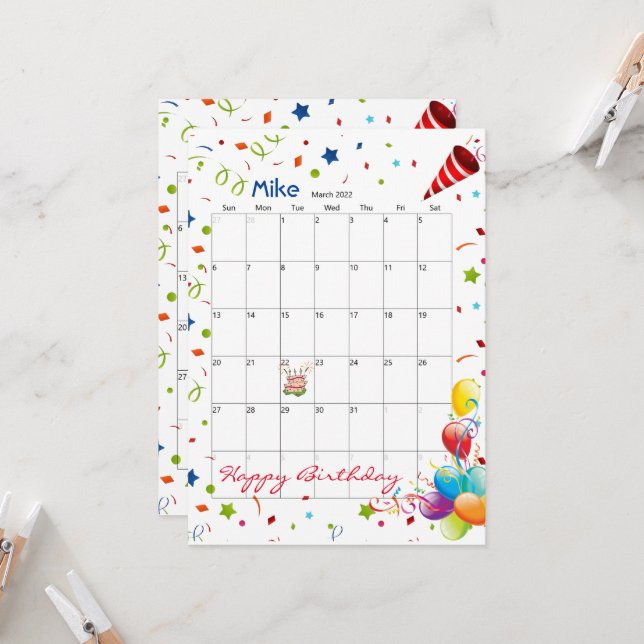 Calendario de Marzo de 2022 Invitación feliz cumpl (Anverso/Reverso In Situ)