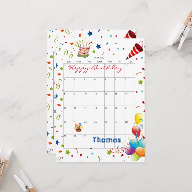 Calendario de Mayo de 2022 Invitación feliz cumple (Anverso/Reverso In Situ)