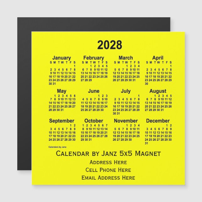 Calendario de negocios amarillo de 2028, de Janz (Anverso/Reverso)