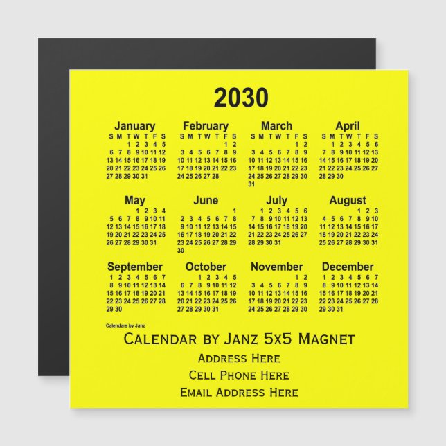 Calendario de negocios amarillo de 2030, de Janz (Anverso/Reverso)