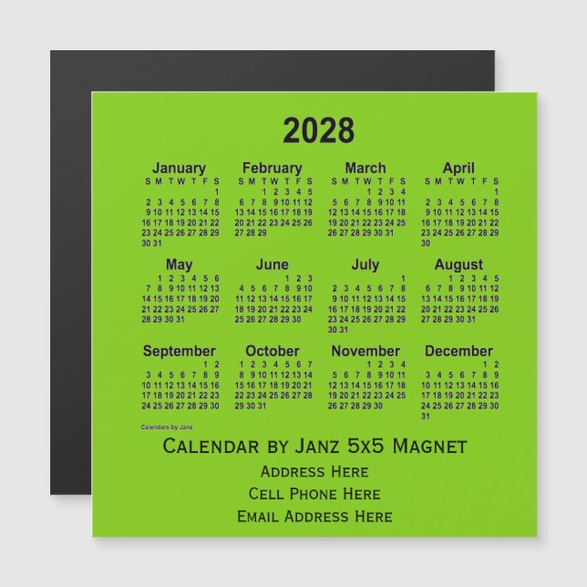 Calendario de negocios verde amarillo de 2028, de  (Anverso/Reverso)