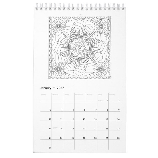 Calendario de páginas de color de Mandala en blanc (Jan 2027)