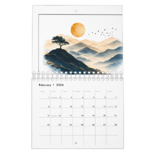 Calendario de paisaje montañoso con sol dorado