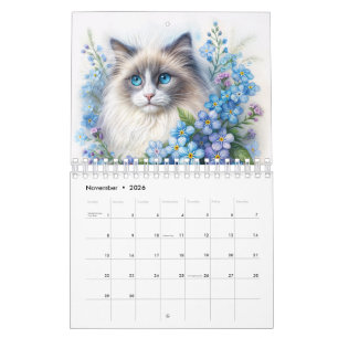 Calendario de retratos al acuarela de gatos floral