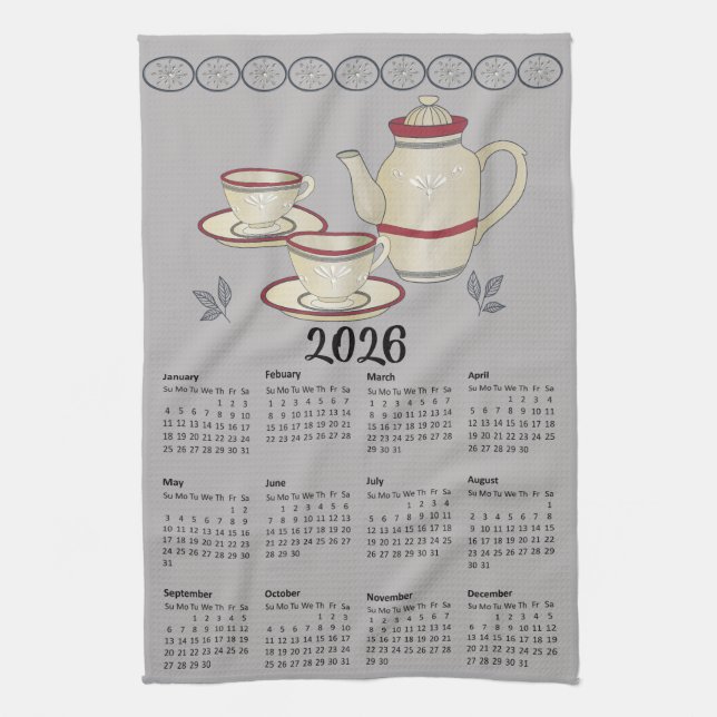 Calendario de toallas de té 2026 tazas y tetera (Vertical)