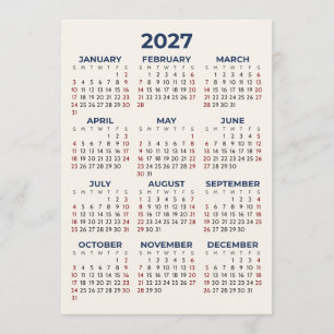 Calendario de todo el año 2027 Tarjeta simple de t