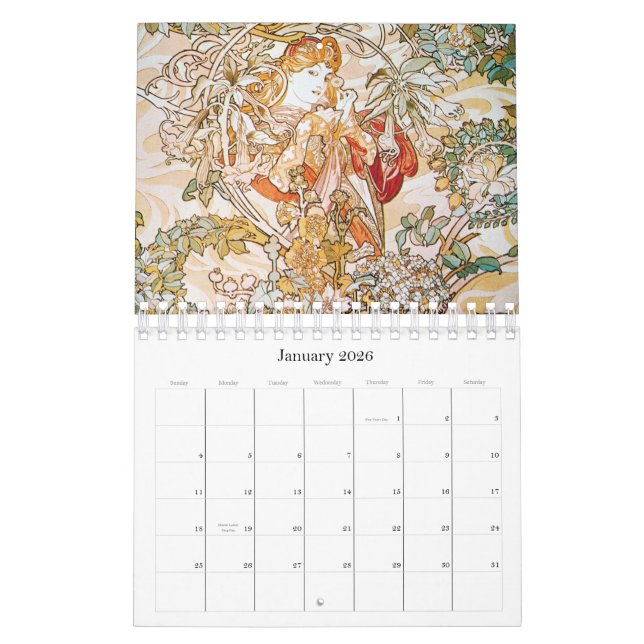 Calendario de trabajo artístico de Alphonse Mucha (Jan 2026)