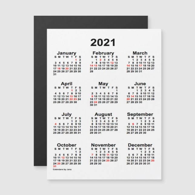 Calendario de vacaciones de 2021, de Janz 4x5 Magn (Anverso/Reverso)