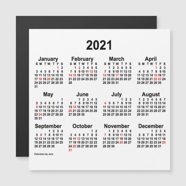 Calendario de vacaciones de 2021 por 5 x 5 imán de (Anverso/Reverso)