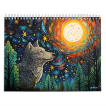 calendario de vidrio tintado de lobo del bosque co