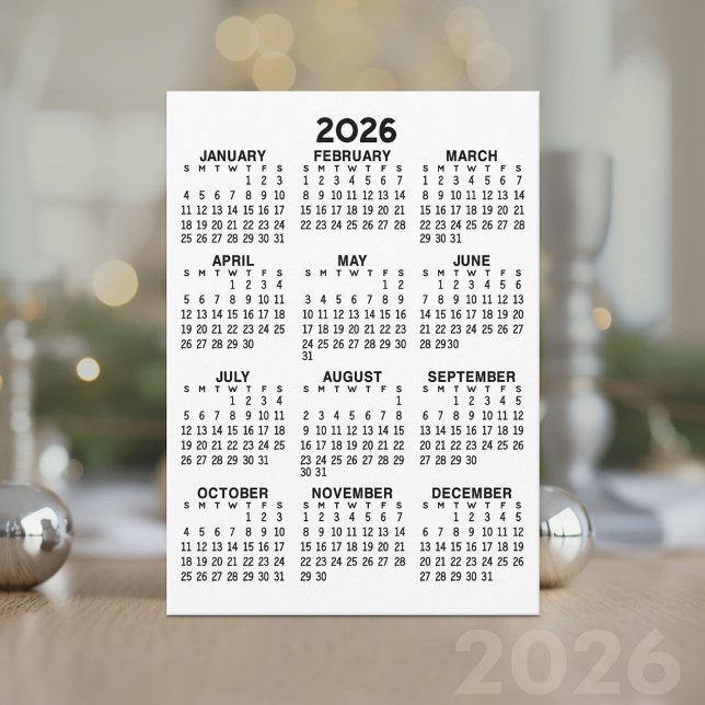 Calendario de vista de año completo Tarjeta blanca (2026 Calendar Card)